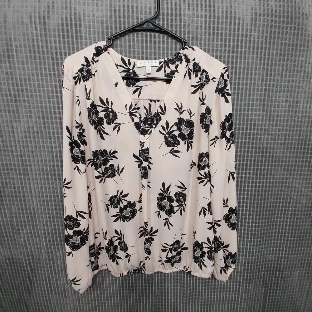 Chaus Womens Blouse Floral V-Neck Elastic Hem Medium Pink Black